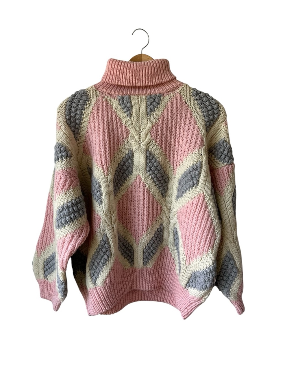 Philuck Vintage Pink & Cream Turtleneck Cable Knit Sweater